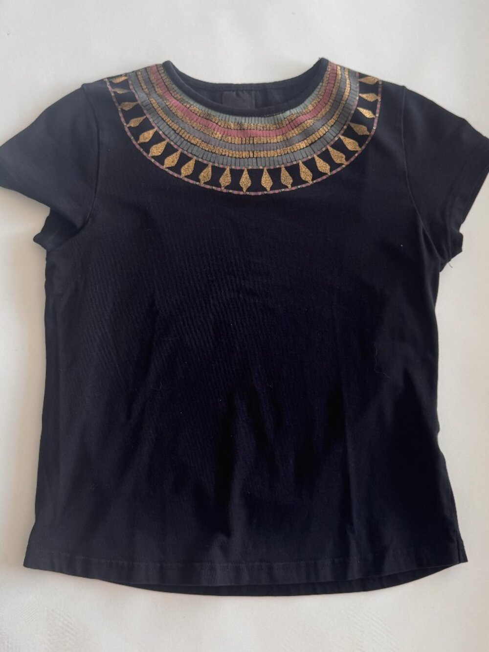 Designer Black Silk Blend Top with Embellished Egyptian-Inspired Neckline |